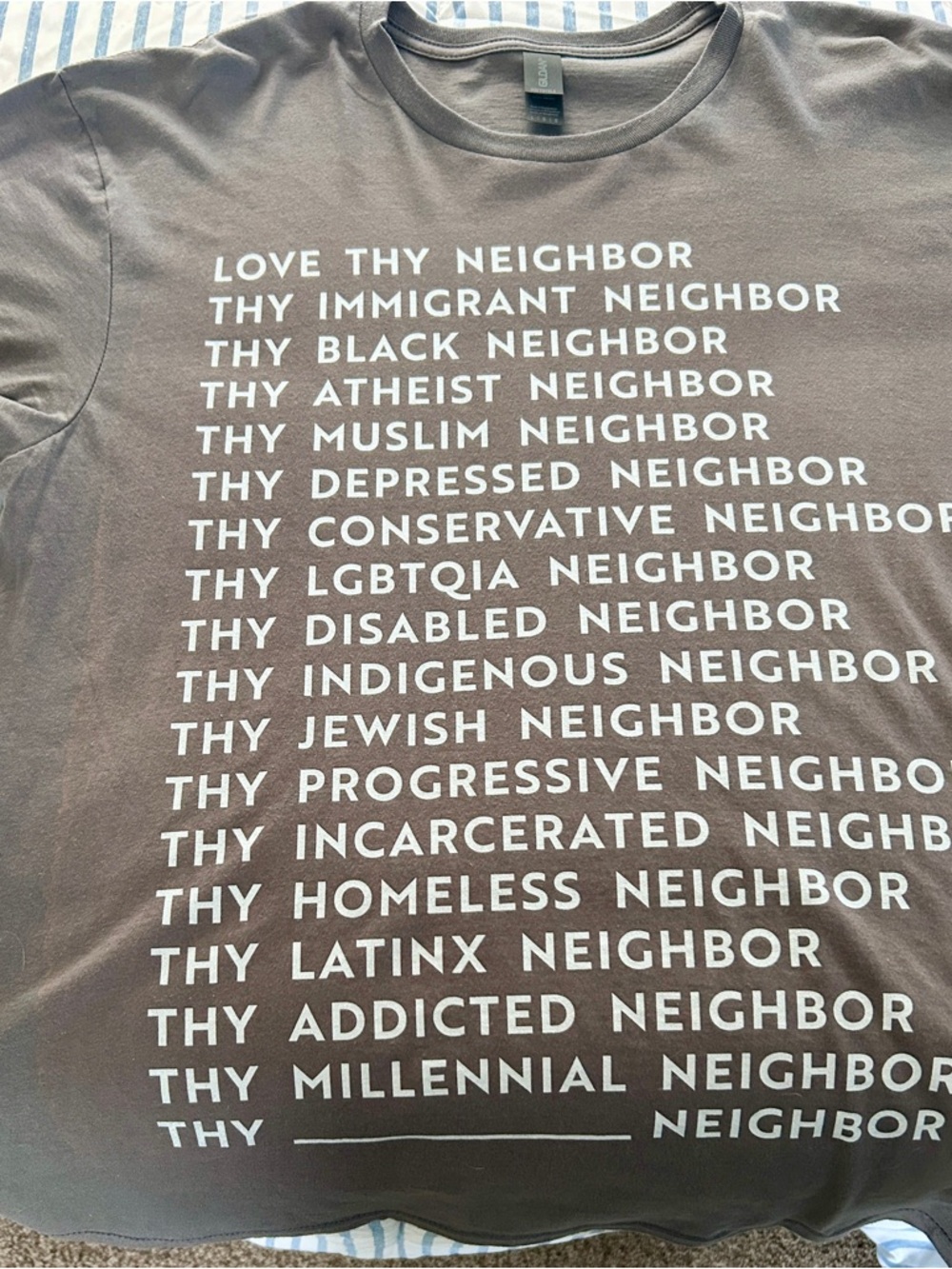 Gildan Brown Short Sleeve Tee with White 'Love Thy Neighbor' Text